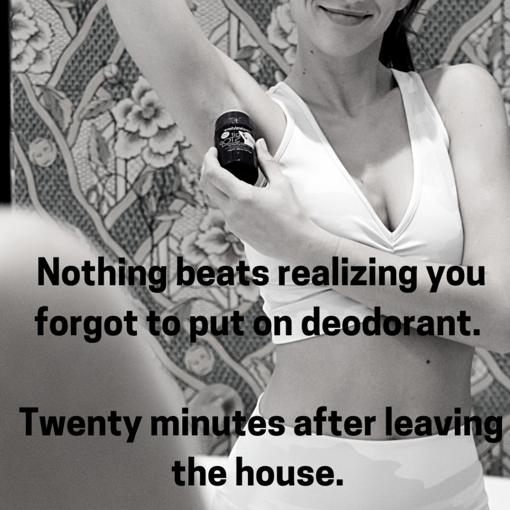 A black and white image of a woman putting on deodorant with the title text overlaid  
